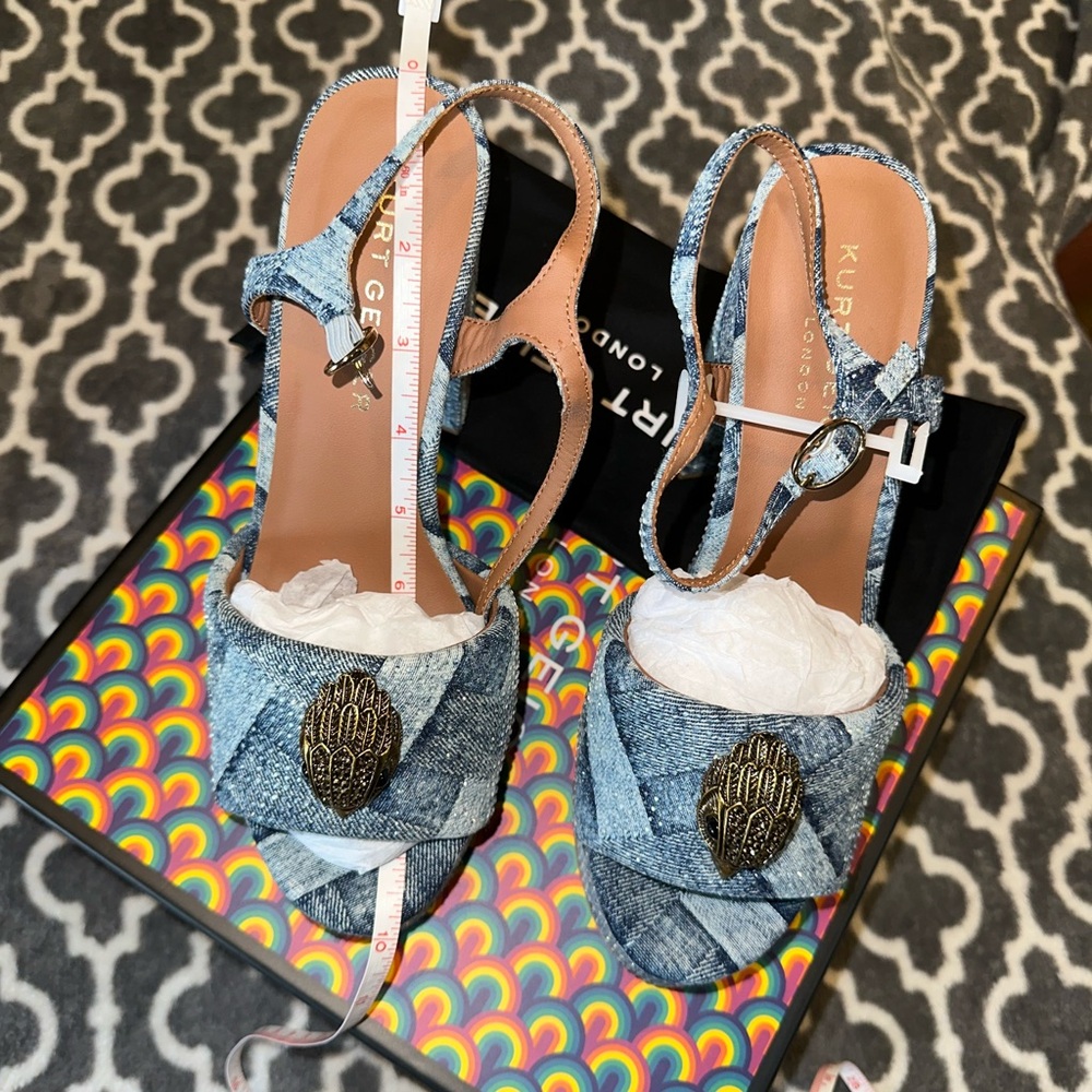 Kurt Geiger London Kensington Crystal Denim Patchwork Blue Platform Sandal Shoes